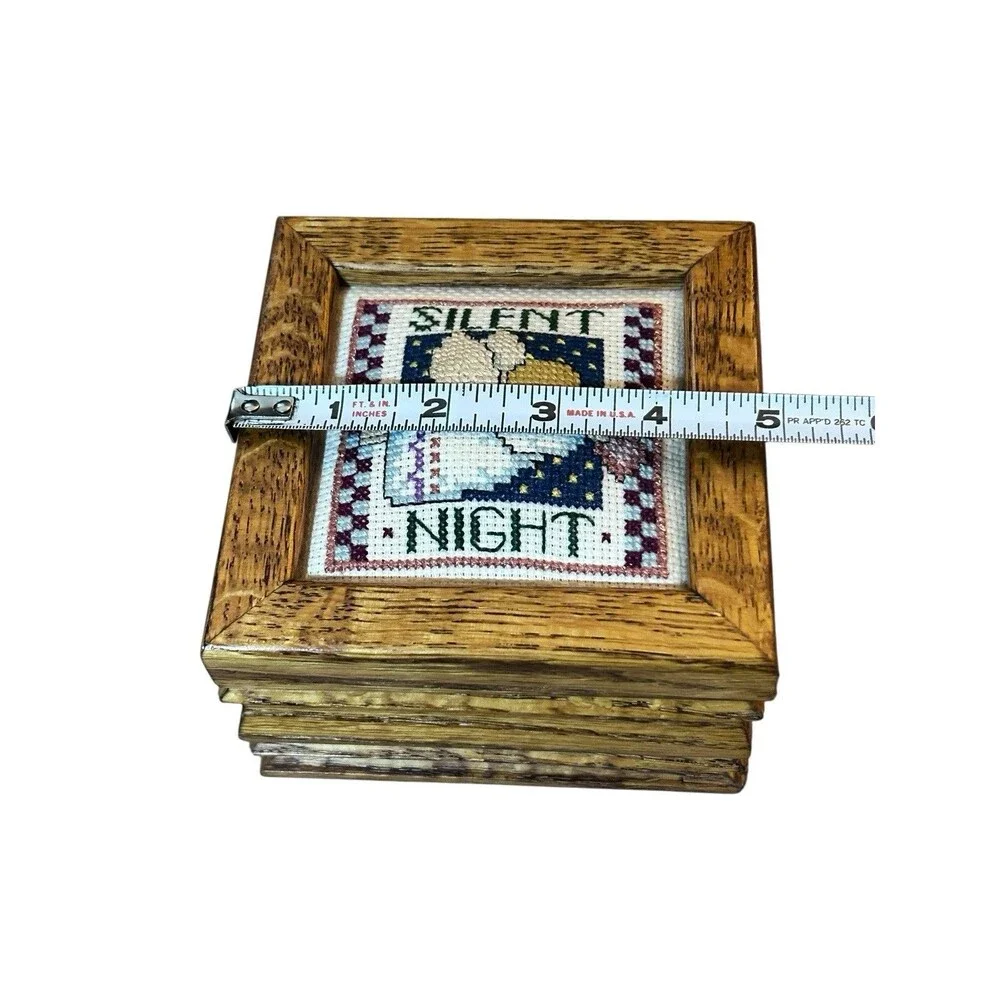 Vtg Angel Silent Night Cross Stitch Wooden Keepsake Trinket Storage Box With Lid